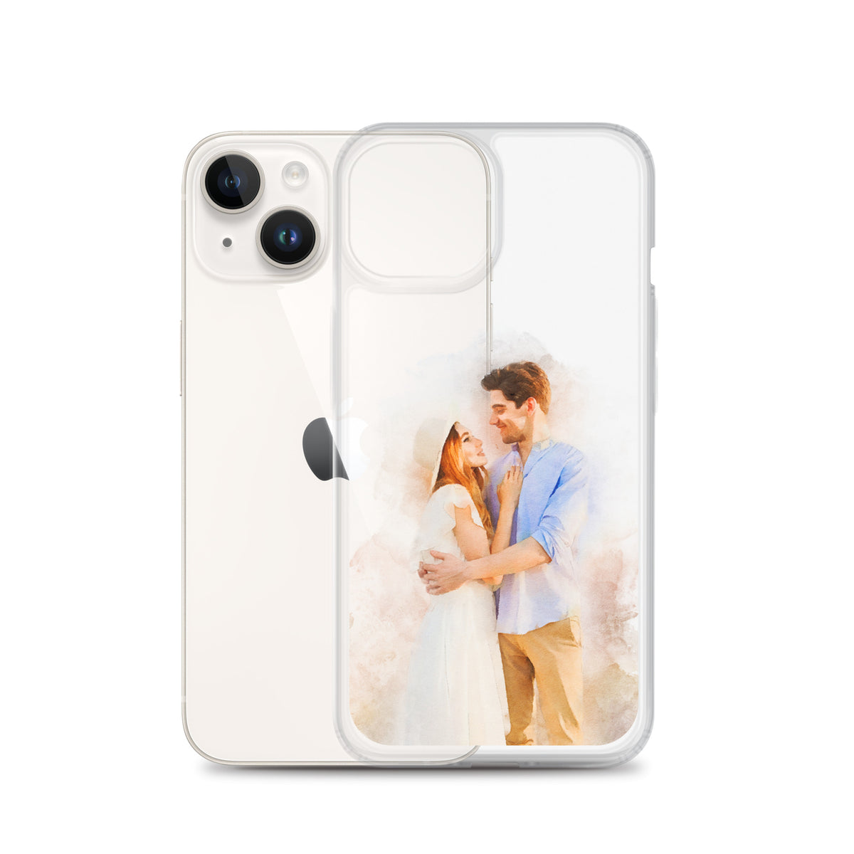 Clear iPhone 14 case printed with a watercolor-style portrait of a couple embracing, beside a white iPhone